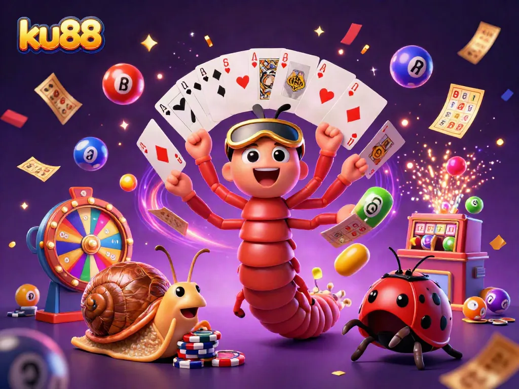 ku88 dealer illustration showcasing a lively gaming scene with colorful lottery elements and excitement.