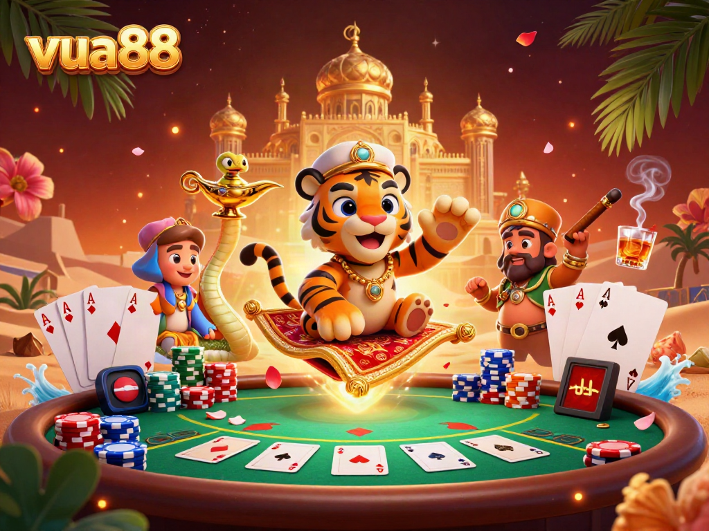 Experience exhilarating gameplay at vua88 with an Arabian Nights-themed casino scene filled with vibrant poker elements.
