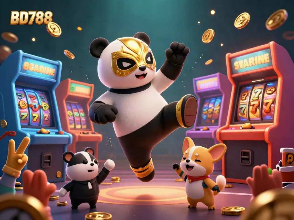Experience the excitement of BD788 with a cartoon panda wrestler and a lively casino scene.