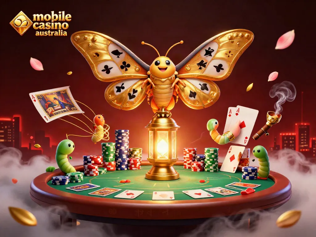 Experience the vibrant world of mobile casino Australia with a detailed moth and casino elements.