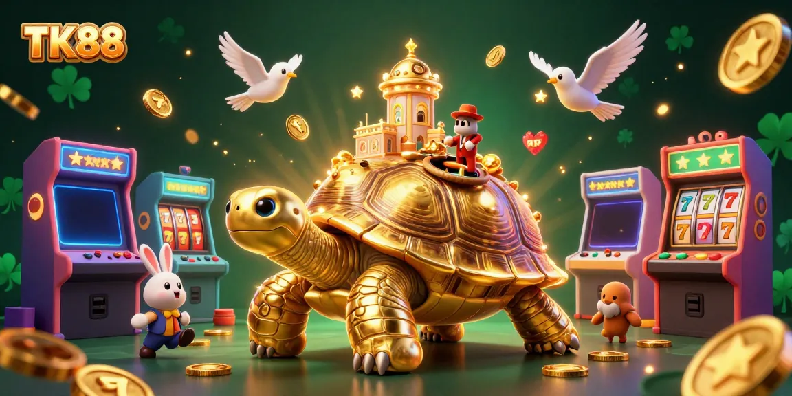 Experience thrilling gaming at TK88 with a cartoon tortoise and vibrant casino scene featuring slot elements.