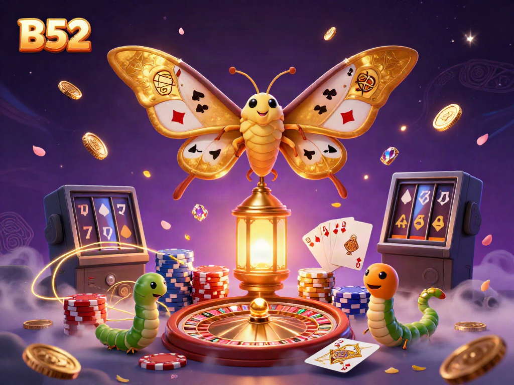 Engage with B52's vibrant casino atmosphere featuring a dazzling moth and golden elements.