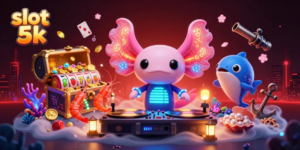 Experience slot 5k excitement with a vibrant underwater casino scene featuring an axolotl DJ and neon characters.