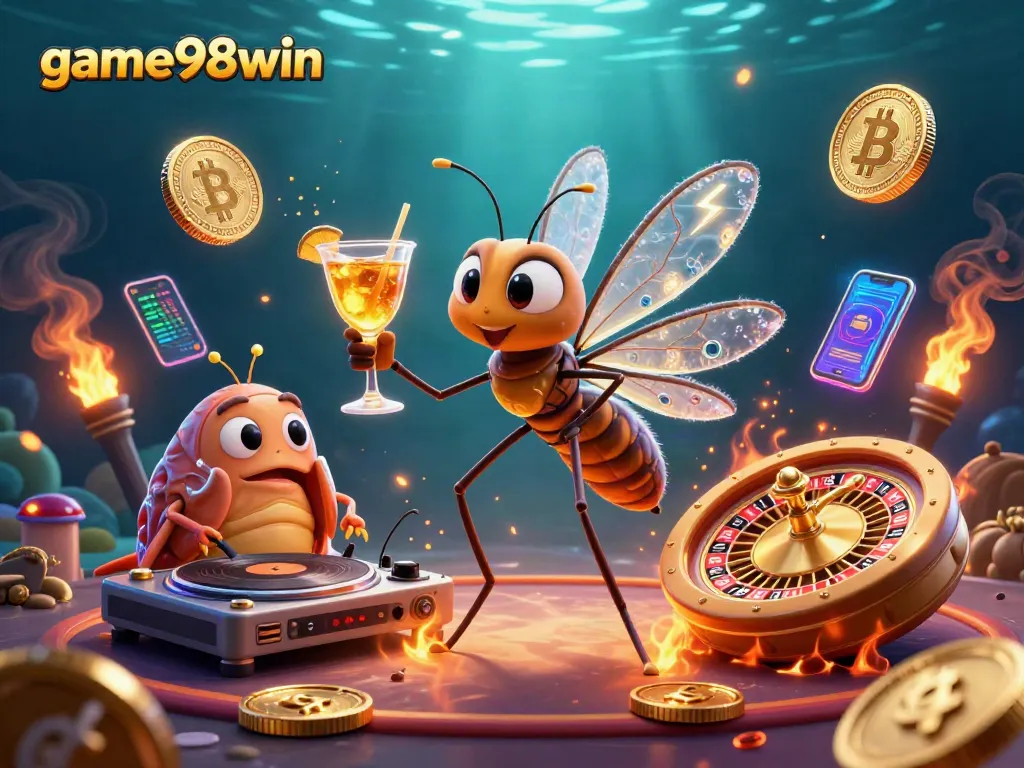 Engage in thrilling gaming at game98win, featuring a vibrant 3D casino scene with crypto elements.