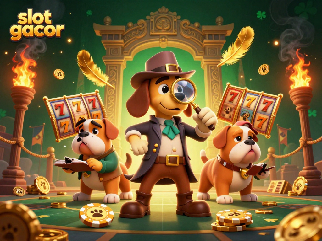 Engage with slot gacor through a vibrant 3D casino scene featuring animated detectives solving treasure clues.
