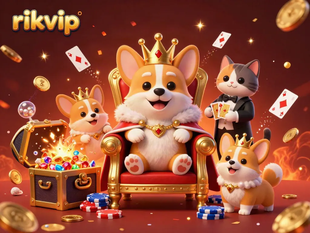 Engage with rikvip in an ultra-detailed 3D casino scene featuring a royal corgi king and sparkling treasure.