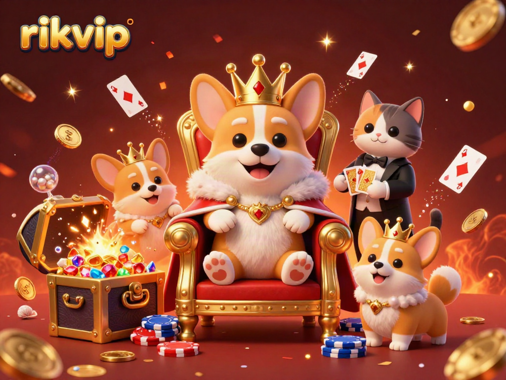 Engage with rikvip in an ultra-detailed 3D casino scene featuring a royal corgi king and sparkling treasure.