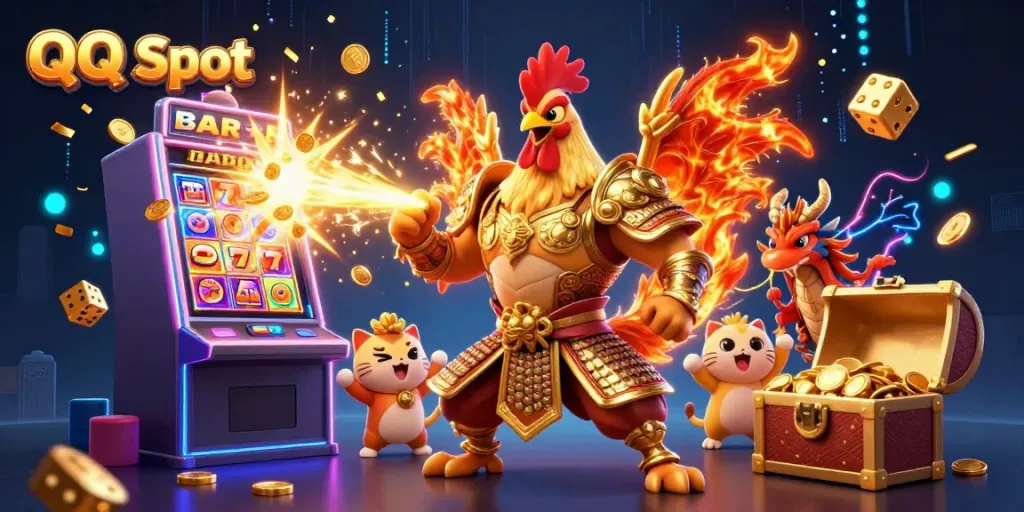 Spin the reels and win big with QQ Slot in an exciting 3D casino illustration full of energy.