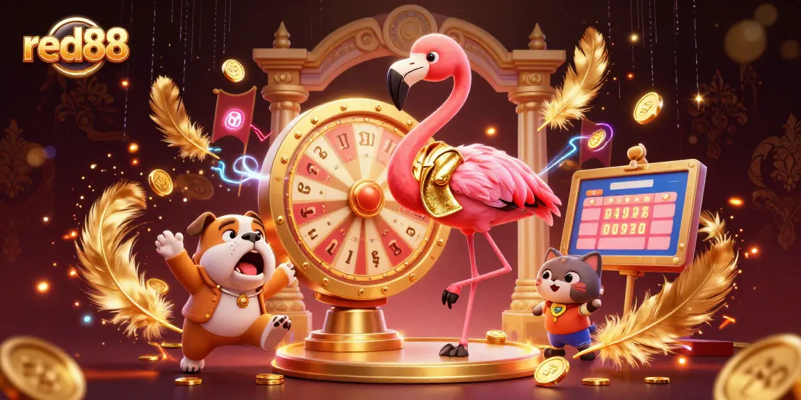 Spin to win at red88 casino with an energetic game show scene featuring a flamingo host, bulldog contestant, and prize reveals!