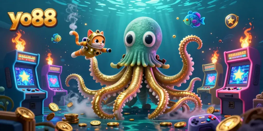 Experience thrilling slots action at yo88, featuring a vibrant kraken and playful cat in a colorful casino undersea adventure.