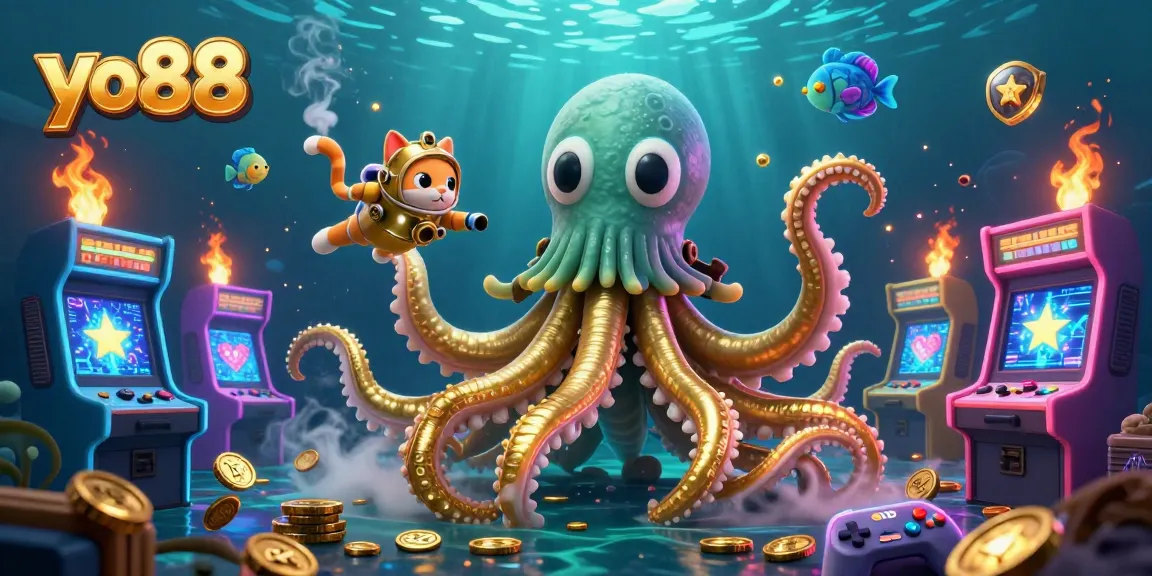 Experience thrilling slots action at yo88, featuring a vibrant kraken and playful cat in a colorful casino undersea adventure.