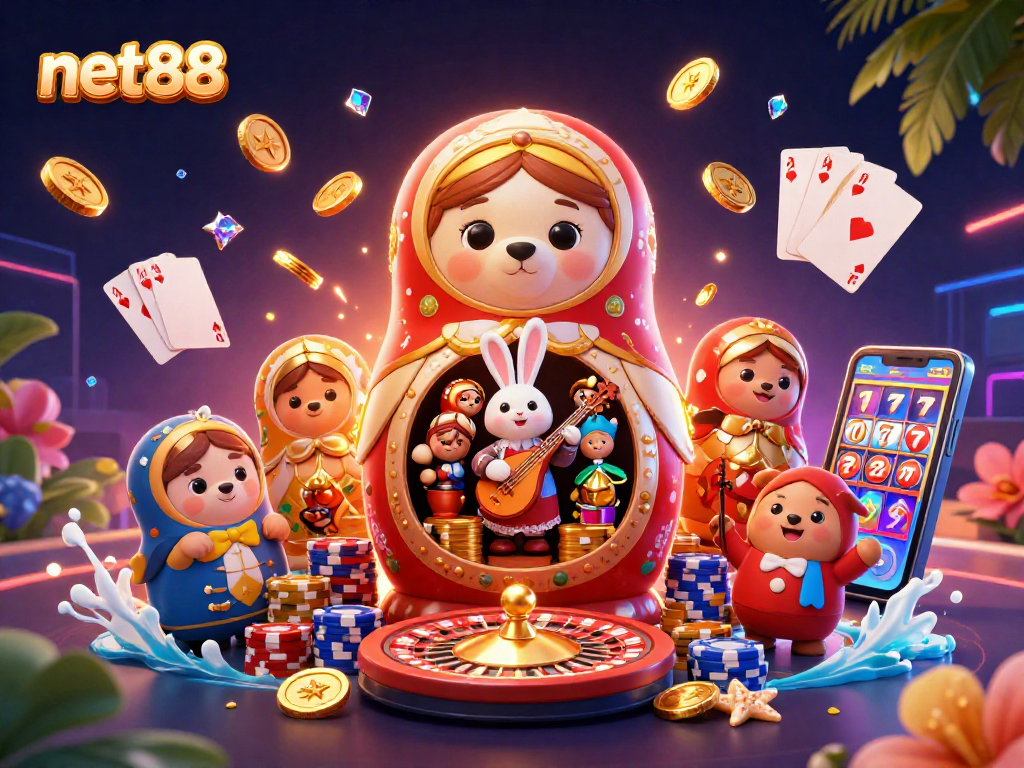 Spin the net88 roulette wheel while discovering colorful casino elements in this vibrant 3D illustration.