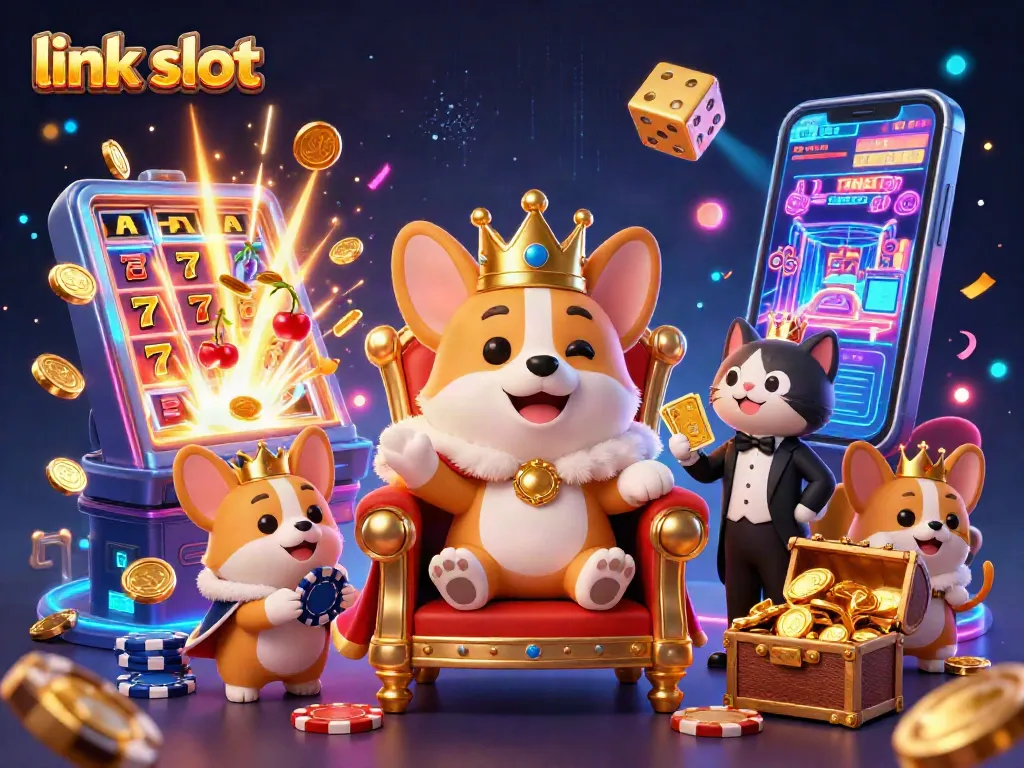 Spin the link slot with the royal corgi on its jackpot throne, as colorful casino elements fly around.