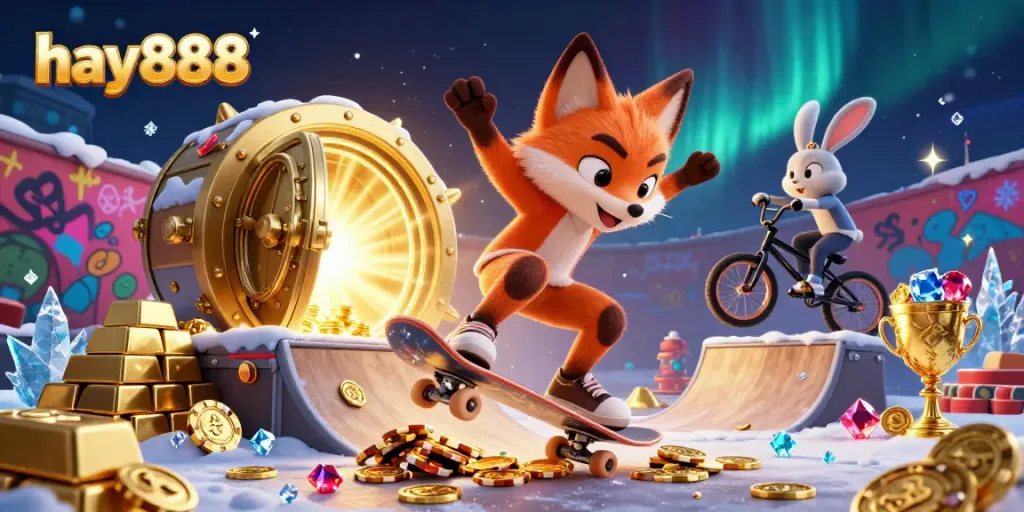 Watch the thrilling action as hay888's skateboarder fox performs stunts over golden poker chips in a vibrant casino setting.