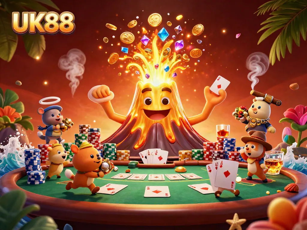 UK88 showcases an exciting 3D cartoon scene of a golden volcano erupting coins and treasures, enhancing your gaming experience.