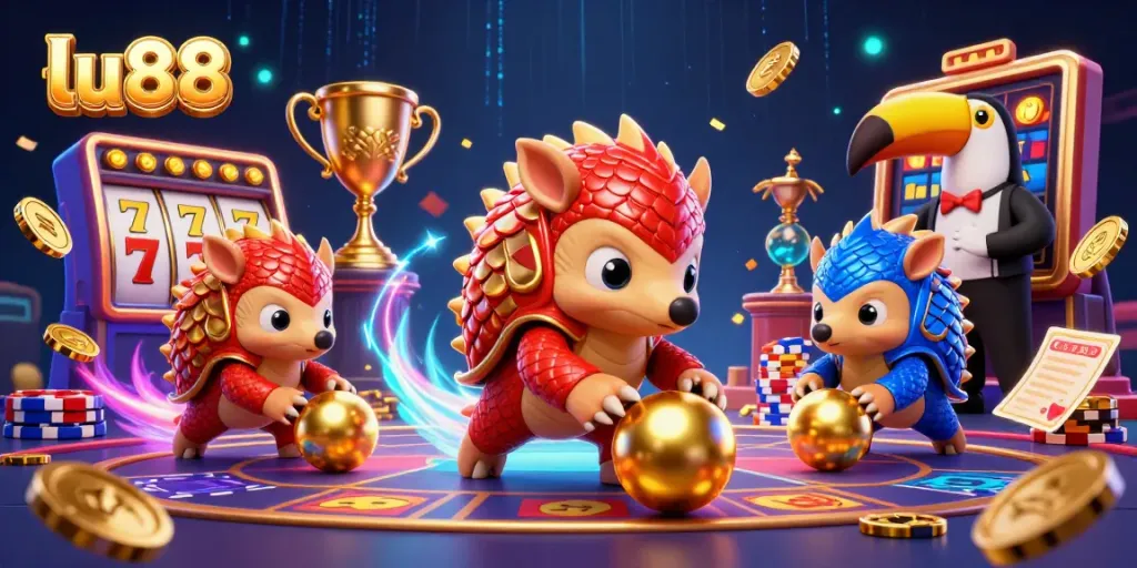 Experience thrilling gameplay at lu88 with dynamic pangolin rivals rolling golden balls and striking poker chips.