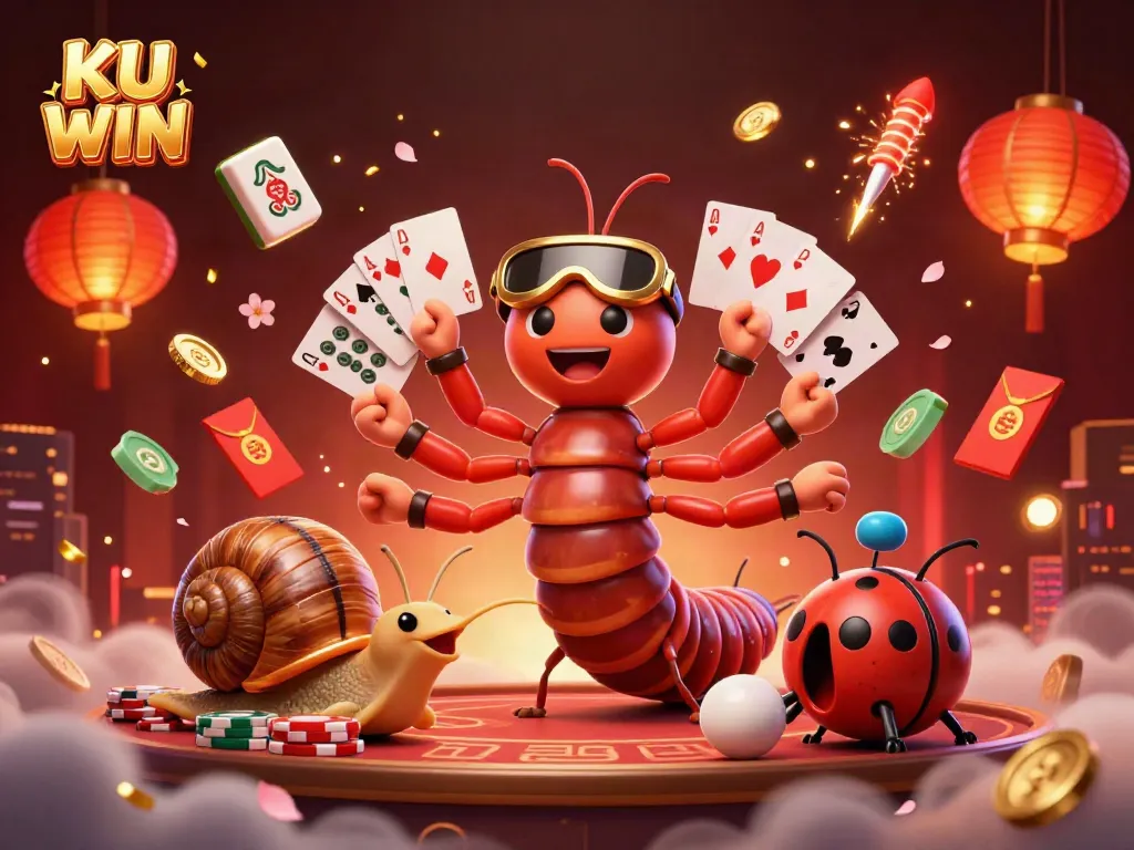 Experience the dynamic excitement of KU WIN with a cartoon millipede dealer and casino elements in this vibrant illustration.