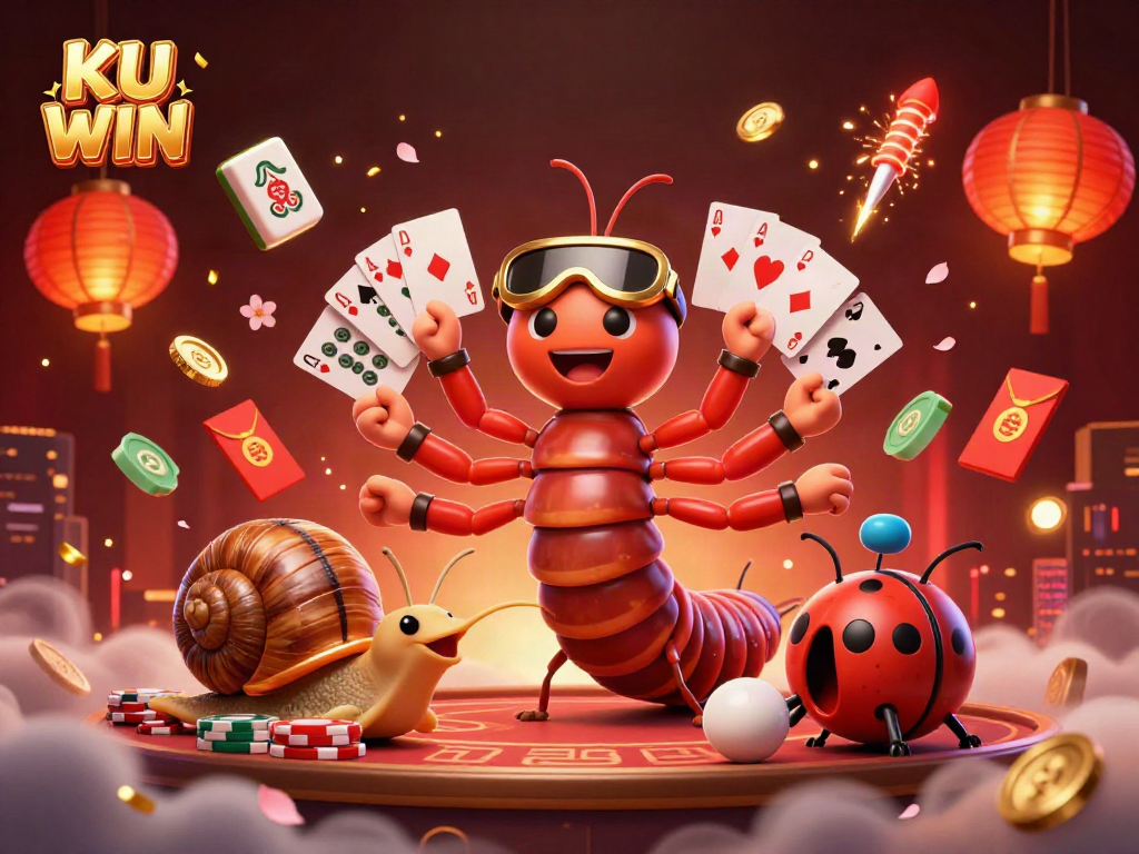 Experience the dynamic excitement of KU WIN with a cartoon millipede dealer and casino elements in this vibrant illustration.