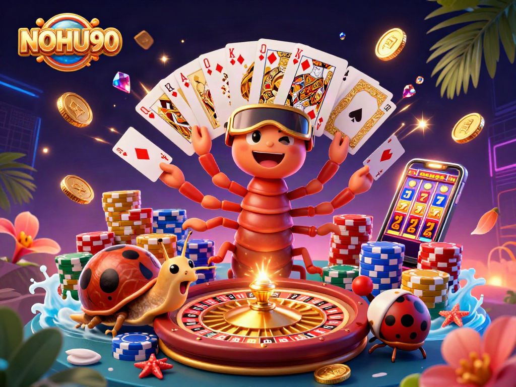 Experience thrilling gameplay at NOHU90 with a vibrant casino scene featuring unique characters.